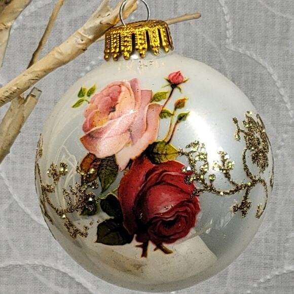 Vtg Christmas by Krebs Rose Ornaments Hand Decorated Glass Ball Crowned Set of 3 - Picture 3 of 16